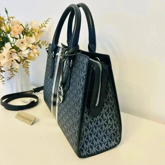 Michael Kors Purse Medium Sheila Signature Logo and Metallic Satchel Black - Picture 4 of 11